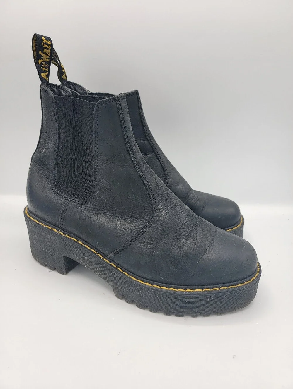 Dr. Martens Rometty Black Platform Chelsea Boots with Yellow Stitching